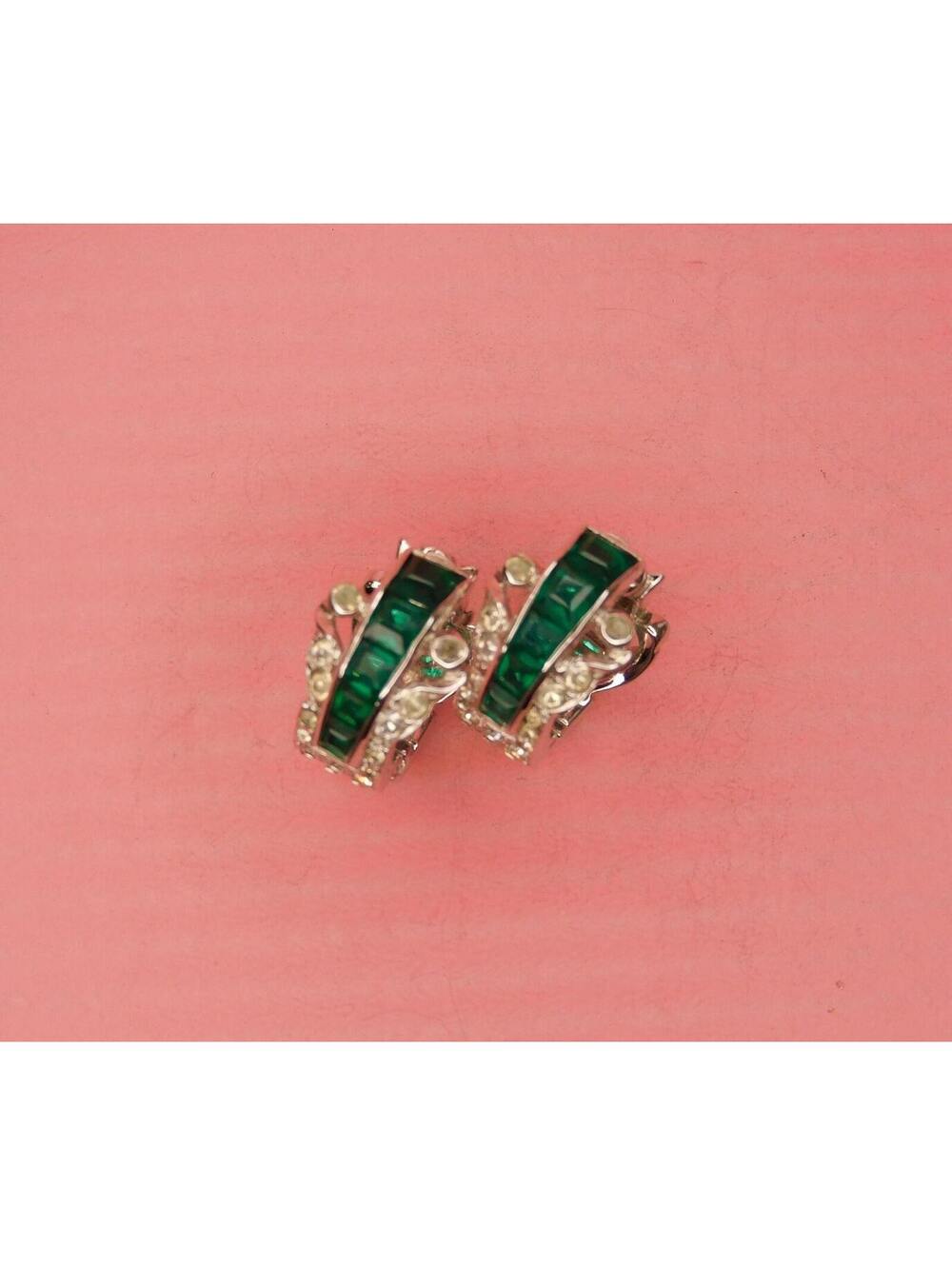 Vintage Nico Clip Earrings with Green and Clear Rhinestones